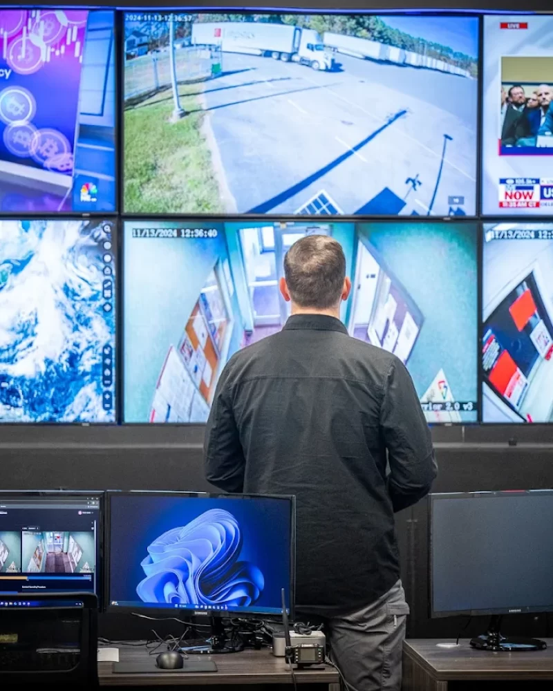 Professional surveillance camera installed and actively monitoring a business premises in North Carolina.